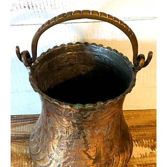 Antique Vintage Persian Copper Bucket Pot with Handle 13" Tall Top of Handle - Picture 5 of 13